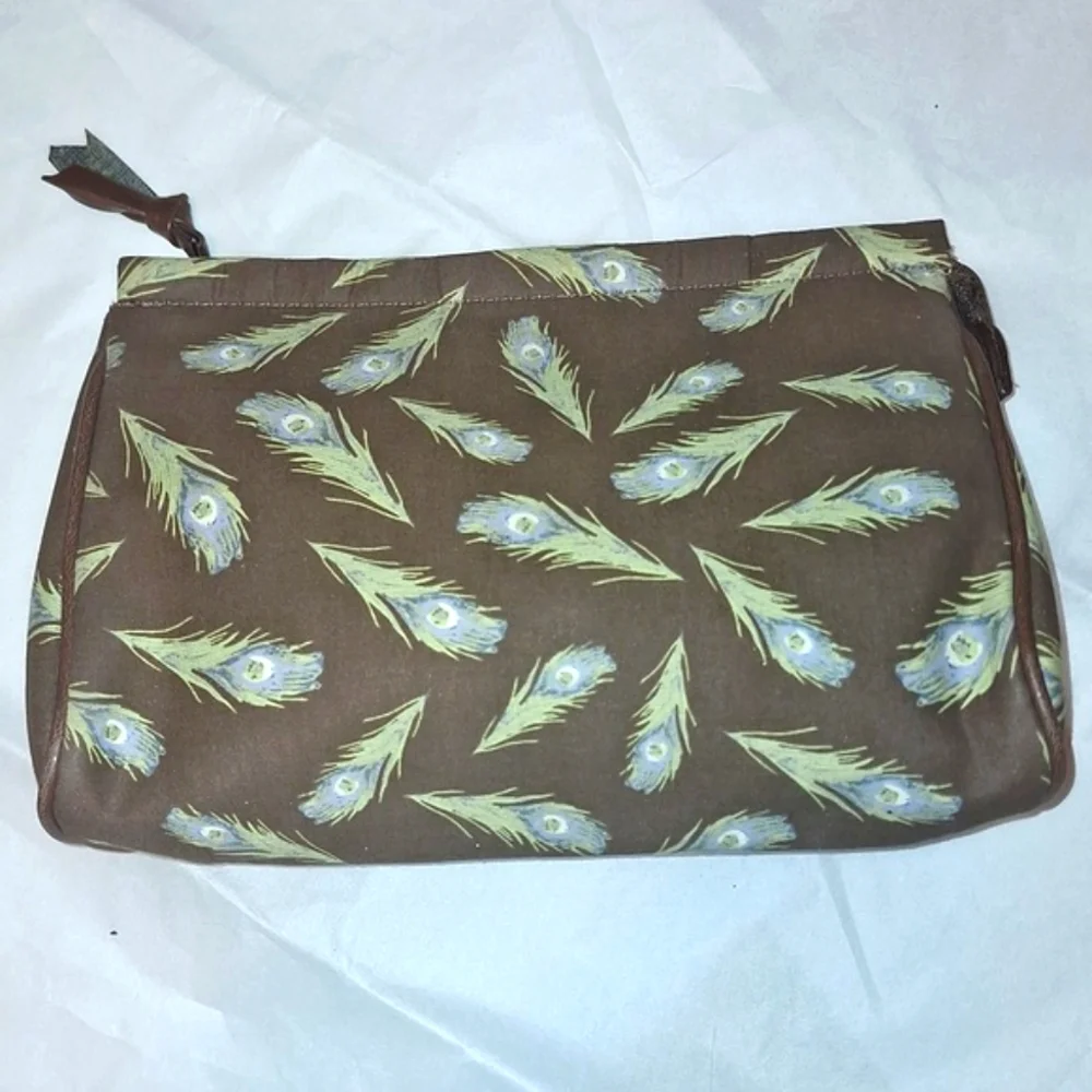 Liz Claiborne Brown Peacock Feather Print Cosmetic Makeup‎ Bag Zipper Pouch